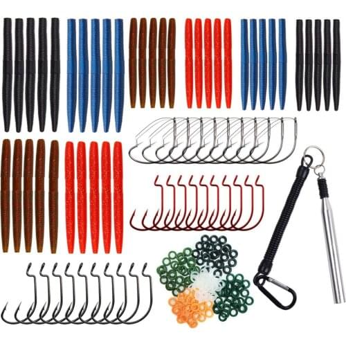 131pcs/Box Wacky Rig Worm Kit Including Wacky Rig Tool Wacky O-Rings Jig Hooks Plastic Worms Soft Baits Fishing Lures Tackle Kit