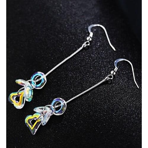 Bohemia Crystal Anti-allergy Earrings Female AB Color Long Tassel Small Loop Heart Shape Hook Earring Jewelry For Women Gift