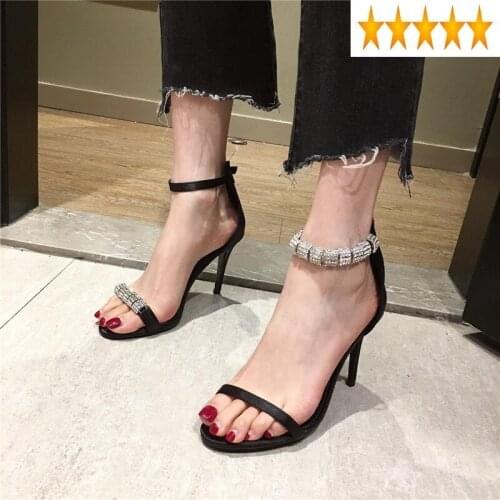 Diamonds Sexy Satin Summer Stiletto Sandals Office Ladies Pink High Heels Open Toe Ankle Strap Shoes Female Elegant Sandal