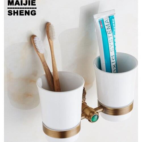 Tumbler&cup holder wall mount bath product Vintage antique brass double cup holder luxury style antique copper toothbrush double