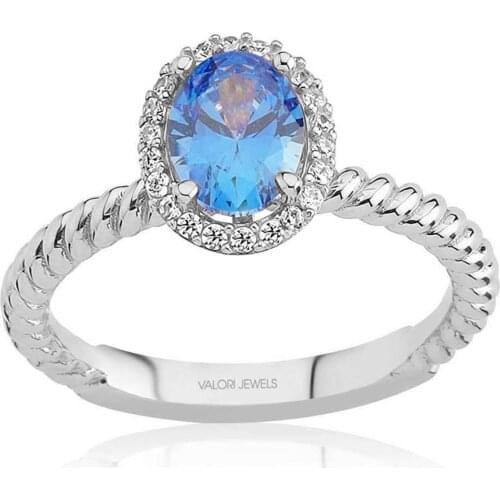 Valori Jewels 1 Carat, Zirconia Fancy Blue And White Oval Gemstone, Rhodium Plated, Sterling Silver Solitaire Ring