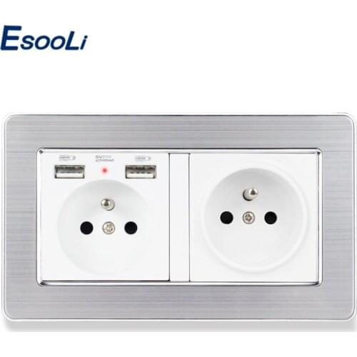 ESOOLI French Standard 2 Gang Socket with 2 USB Charge Port 2 Wall Socket USB Stainless Steel Brushed Silver Panel wall plug
