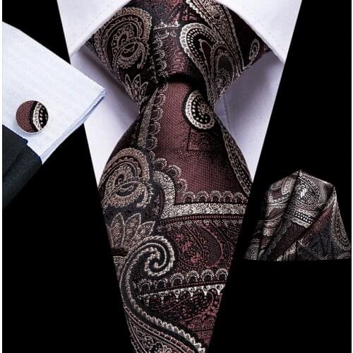 Hi-Tie Brown Ivory Paisley Silk Wedding Tie For Men Handky Cufflink Set Fashion Designer Gift Tie For Men Necktie Business Party