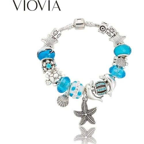 VIOVIA Sea Series Blue Charm Dolphin Bead Bracelet for Women Starfish Seashell Pendant Bracelet& Bangles Gift DIY Jewelry B15409