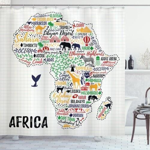 Continent Africa Shower Curtain Set Colorful Country Names Art Curtain for Bathroom Decor 12 Hooks Decorative Bath Accessory