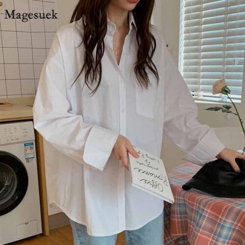 Korean Long Sleeve Casual Plus Size Clothing for Women Office Lady Loose White Shirt Pocket Button Up Lapel Tops Blusas 12729