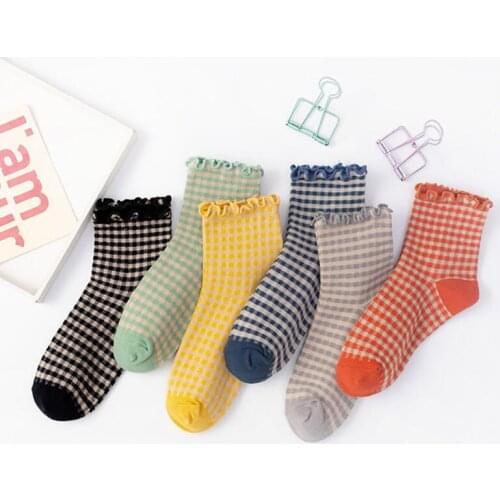 Small Grid Pattern Women Socks Frilly Cotton 1Pair Korean Style Pure Color Breathable Mid Tube Socks