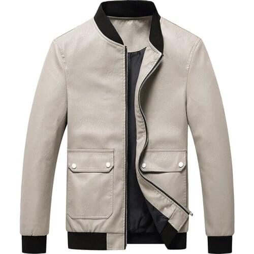 Mens Leather Jacket Baseball Collar Slim Fit Motorcycle Leather Jacket Men Big Pocket Casual Soft Leather Coat