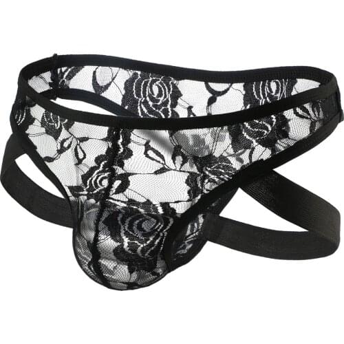 Mens Panties Sexy Lingerie See-through Floral Lace Thongs Underpants Bulge Pouch Low Waist Elastic Waistband Briefs Underwear
