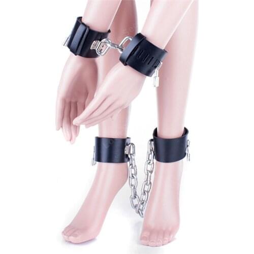 Heavy Metal Chain PU Leather Hand Cuffs Leg Cuffs Set Adult Games Sex Toys Slave Fetish Bondage Restraints Wrist Ankle Cuffs