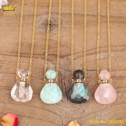 Natural Labradorite Amazonite Stone Beads Essential Oil Diffuser Perfume Bottle Pendant Chains Necklace Women Delicate Jewelry