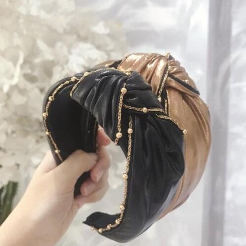 New Fashion Women Headband Wide Side Leather Hairband Soft Center Knot Turban Solid Handmade Hair Accessories Wholesale