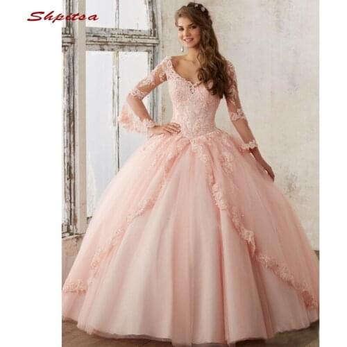 Pink Long Sleeve Lace Quinceanera Dresses Ball Gown Tulle Prom Debutante Sixteen 15 Sweet 16 Dress vestidos de 15 anos