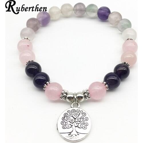 Ruberthen 2018 Natural Fluorite Bracelet Tree of Life Purple Crystal Bracelet Healing Beaded Charm Bracelet Drop Shipping