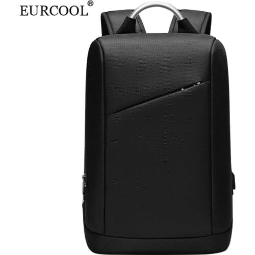 EURCOOL Backpack Purse for Men USB Black Business Slim Bag Thin and Light Waterproof Backpack Office Oxford Zipper Travel Bag
