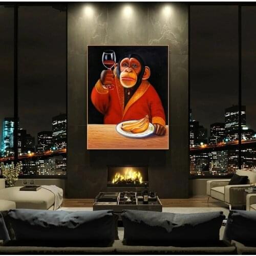 Modern Wall Art Canvas Paintings Animal Pictures Posters Monkey Chimp Drinking WIne Smoking Living Room Home Artwork Decoration