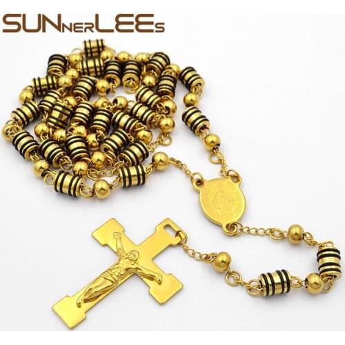 SUNNERLEES Jewelry Stainless Steel Bead Chain Jesus Christ Cross Pendant Long Necklace Gold Color Mens Womens SPN03
