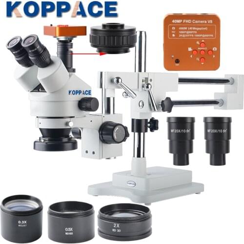 KOPPACE 2.1X-180X Trinocular Stereo Zoom Microscope with WF10X/20 WF20X/10 Wide-field Eyepieces 0.5X and 2.0X Barlow Lens