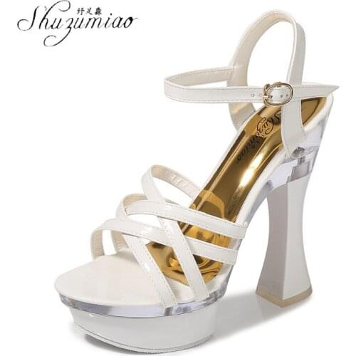 SHUZUMIAO Fashion Style Rhinestones Women Pumps Crystal Buckle Strap Summer Lady Shoes PU leather High Heels Party Prom Shoes