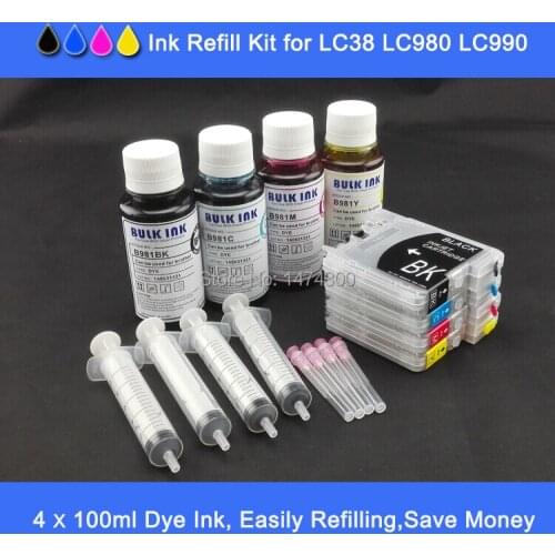XIMO Full ink refillable cartridges with 4*100ml dye ink for Brother LC38 LC980 LC990 etc