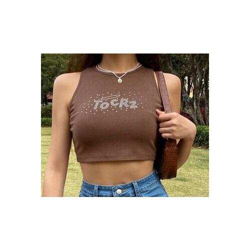 Womens Casual Tank Tops Sleeveless Crew Neck Rhinestone Slim Fit Workout Crop Tops