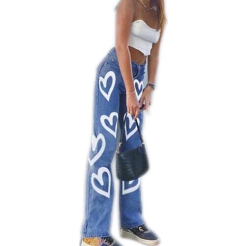 2021 New SHENGPALAE Summer ins Vintage Jeans Woman Long Trousers Cowboy Female Graffiti Streetwear LOVE Print Pants