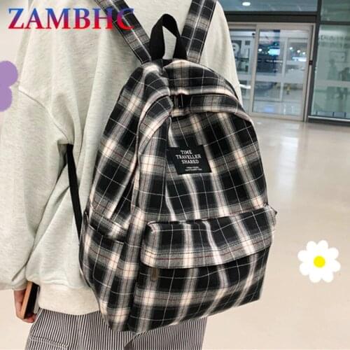 Japanese Style Womens Backpack Fashion Plaid Unisex School Bag Canvas Backpacks for Teenagers Girls Simple Lady Travel Mochila