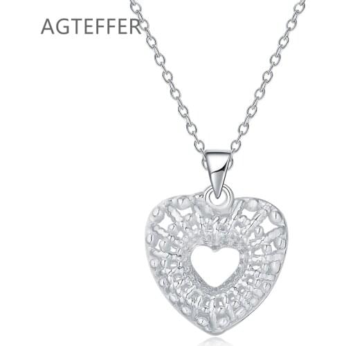AGTEFFER 925 Sterling Silver 18 Inch Heart-Shaped Hollow AAA Zircon Pendant Necklace For Women Fashion Wedding Charm Jewelry