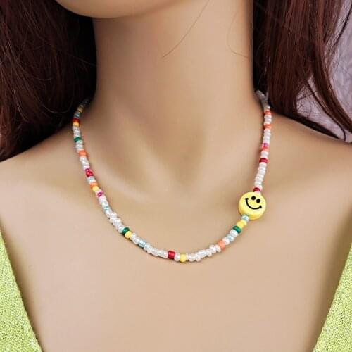 1pcs Korean Fashion Choker Necklaces Smiley For Women Chain Beads Pendant Girls Jewelry Colorful Collares
