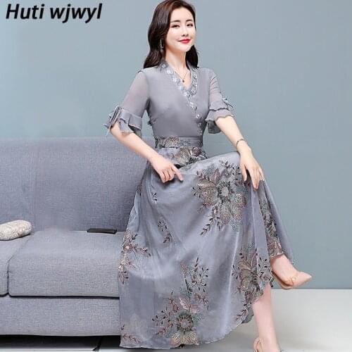 Spring Summer Floral embroidery Chiffon Beach Dresses Elegant Women Bodycon Party Vestidos 2021 Vintage Plus Size Midi Sundress