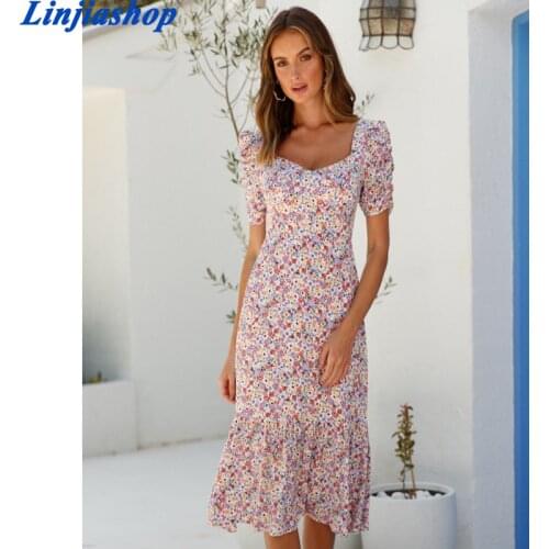 Vintage Pink Purple Small Floral Print Ruffles Dress France Back Bow Vestido Fashion Short Sleeve Women Midi Dress