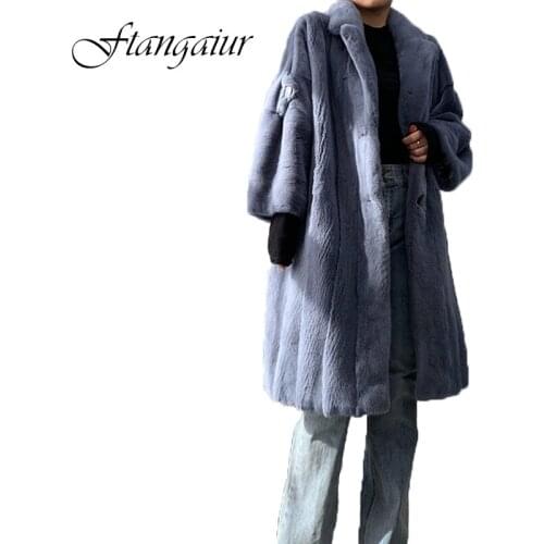 Ftangaiur 2019 Winter Import Velvet Mink Fur Coat Turn-Down Collar Solid Mink Coat Womens Medium Natural Real Mink Fur Coats