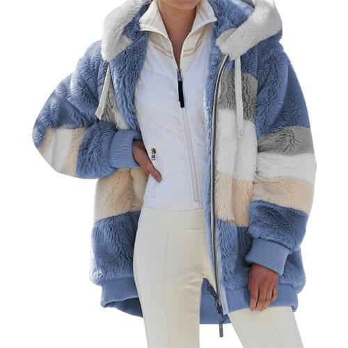 Winter Womens Coat Fashion Casual Stitching Plaid Ladies Clothes Hooded Zipper Ladies Coat Plush Women Jacket 2021 New