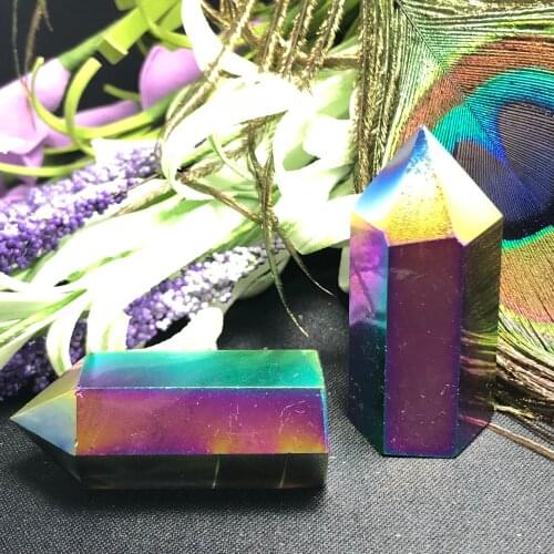 2pcs Natural electroplating color crystal single - pointed pillars, beautiful arts and crafts home decoration