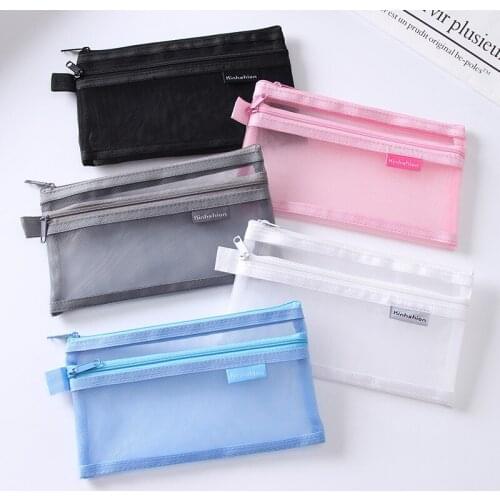 5 Colors Simple Transparent Double Mesh Bag Pencil Case Student School Supplies Bag School Supplies Office Пенал Для Канцелярии