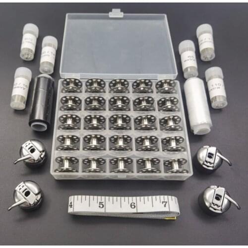 50 Household Sewing Machine Needles,4 Metal Shuttle Lock Shell Case,25 Bobbins,2 Sewing Thread Spools and Soft Ruler,Plastic Box
