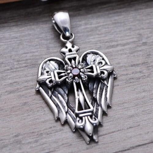 Vintage Cross Pendant With Angel Wings 925 Sterling Silver Male Christian Jewelry Inlaid Natural Garnet Stone