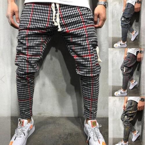 New Mens Pants Fashion Casual Long Pants Plaid Hip Hop Harem Trousers Streetwear Stacked Sweatpants Men