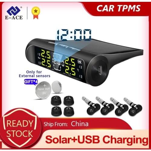 Acceo Time Display Car TPMS 4 Wheel Car Tyre Pressure Monitoring System Solar Power USB Charge TPMS Auto Security Alarm Device