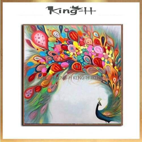 Artista experto pintado a mano hermoso Animal Pavo Real pintura al óleo sobre lienzo Pavo Real extiende sus plumas de la cola pi