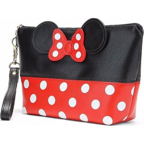 Mini Mouse Cosmetic Bags Women Makeup Bag New Cartoon Dot Large Bow Tie Clutch Women Packages PU Leather Bag Bolsa Feminina