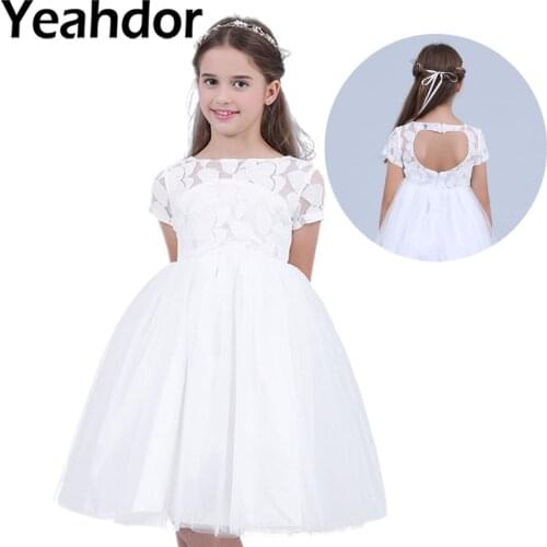 Yeahdor White Flower Girl Dresses Back Hollow Heart Shape First Communion Lace Dresses For Girls Princess Pageant Party Dress