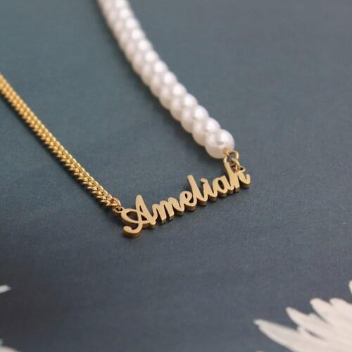 Cuban Chain Custom Name Necklace Pearl Choker Stainless Steel Jewelry Personalized Name Necklaces For Women Best Friends Gift