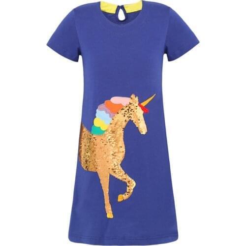 Summer Kids Girls Casual Dress Short Sleeve Embroidered Sequins Cartoon Horse Applique Toddler Baby Girl Dresses Pincess Dress