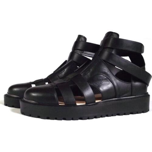 Black Ankle Short Gladiators Flat Heels Genuine leather Cut out Men Sandalias Strappy Moccasins Zapatillas Rome Leisure Sandals