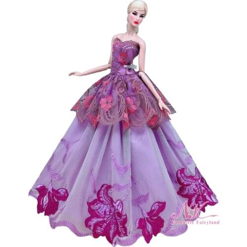 NK 1 Pcs Doll Clothes Purple Lace Outfits Party Gown Floral Wedding Dress For Barbie Doll For 1/6 BJD Dolls Accessories Toys