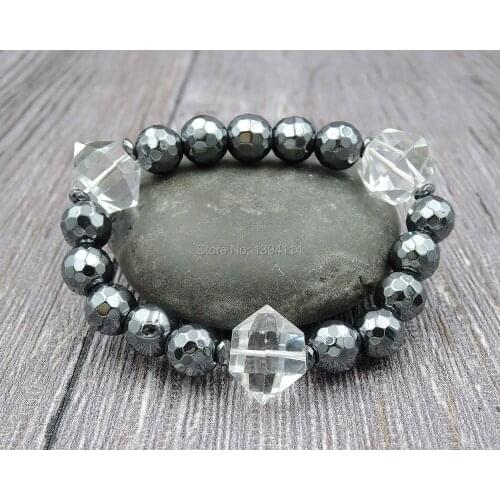 Natural Clear Crystal Quartz Double Points Beads 10mm Faceted Hematite Round Beads Beaded Bracelets