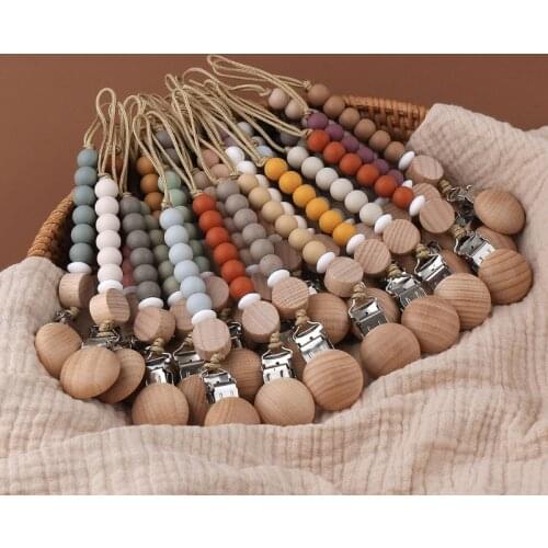 BPA-Free Silicone Beads Baby Pacifier Clip Chain DIY Dummy Nipple Clip Appease Soother Chain Beech Wood Clips Baby Teething Toys