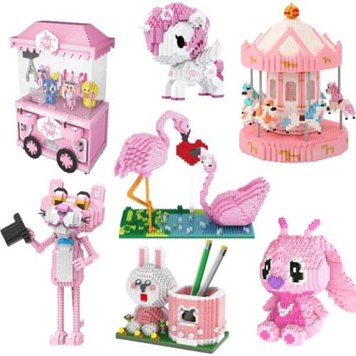 Girl friend gift Mini Brick Lovely lilo Pink Flamingo Couple with Crown Love 3D DIY cartoon Building Block Toy Gift For Children
