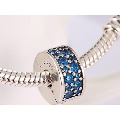 Authentic S925 Clip Bead fit Lady Bracelet Bangle Shining Elegance Blue CZ Crystal Charms DIY Jewelry